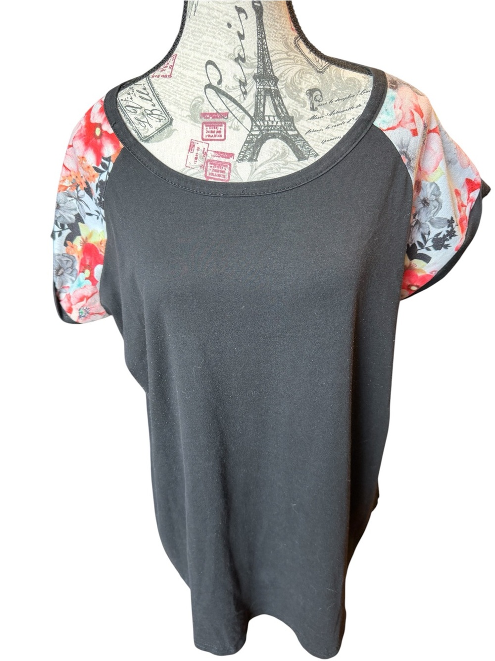 Women's Black Scoop Neck Top with Floral Short Sleeves